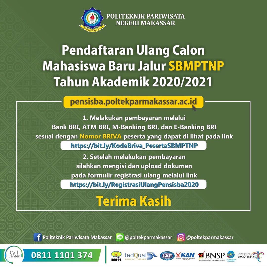 Pendaftaran Ulang bagi Calon Mahasiswa Baru Jalur SBMPTNP Tahun Akademik 2020/2021 - D4 ...